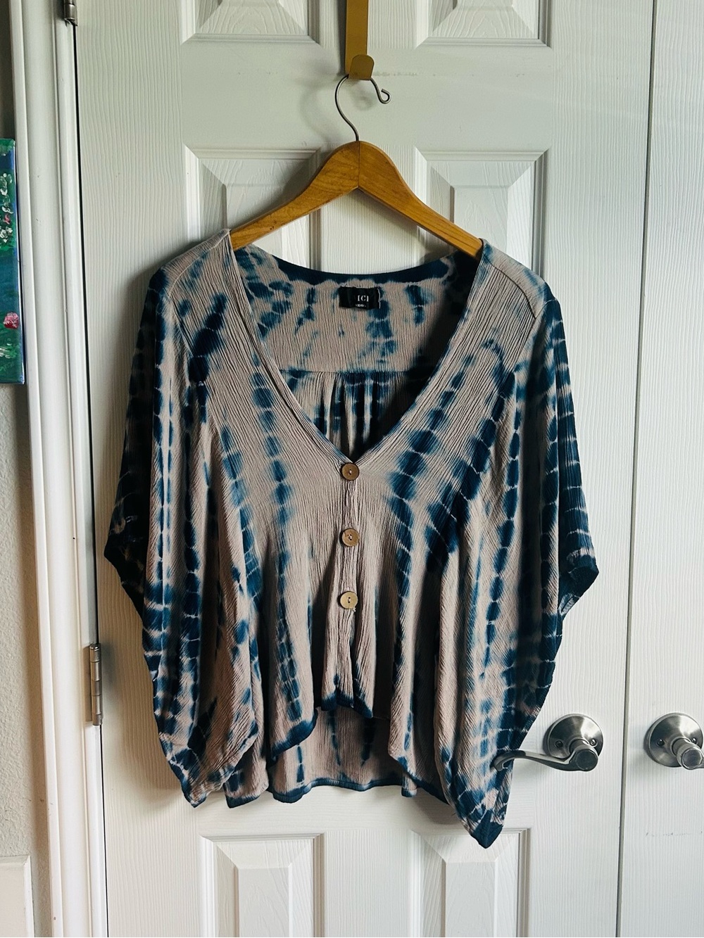Vici pink & blue tie dye oversized batwing button down blouse